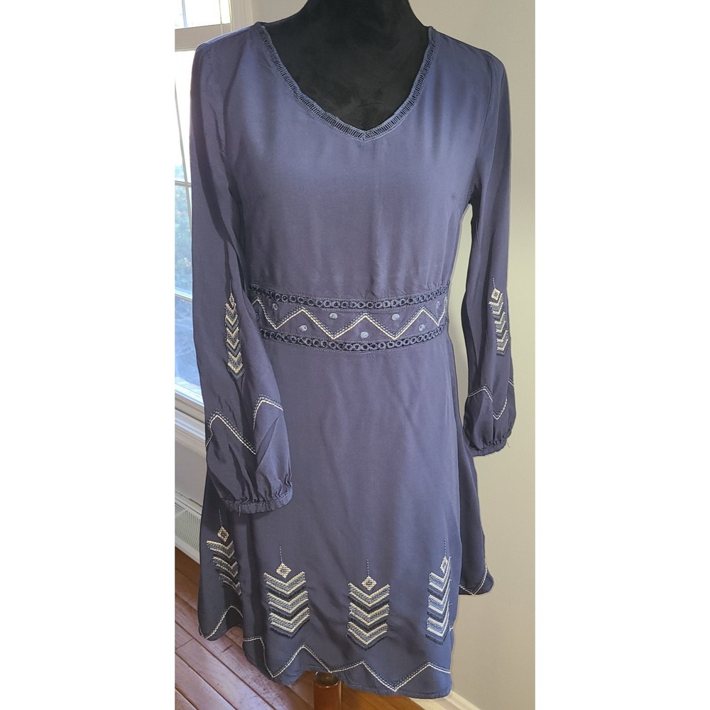 Marella Women's Blue Stitched Smocked Blousy Dress Sz Sm Country Western Chic